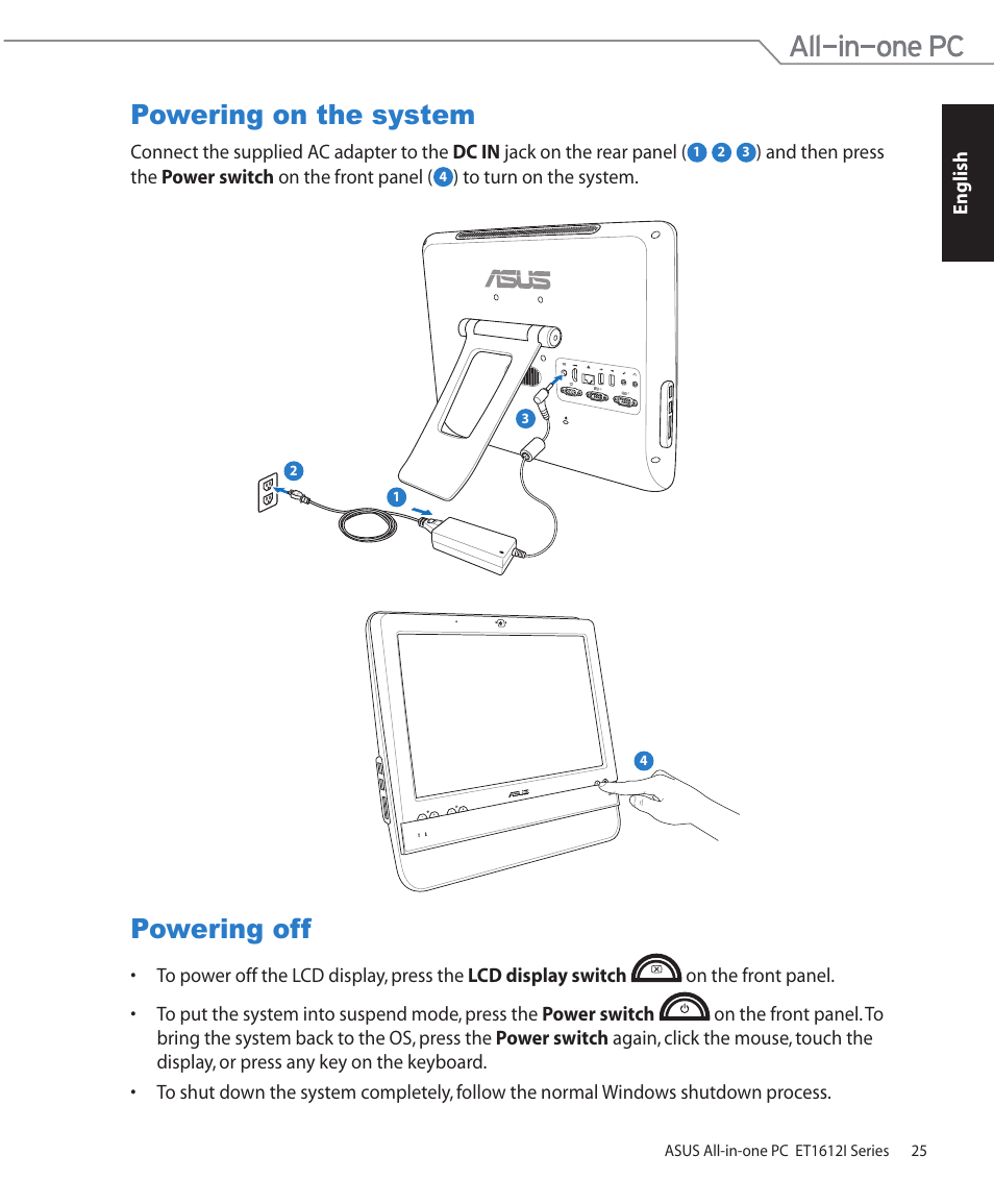 Powering on the system, Powering off, Powering on the system powering off | Asus ET1612IUTS User Manual | Page 25 / 36