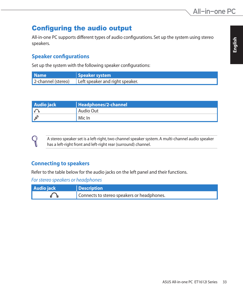 Configuring the audio output, Speaker configurations, Connecting to speakers | Speaker configurations connecting to speakers | Asus ET1612IUTS User Manual | Page 33 / 36