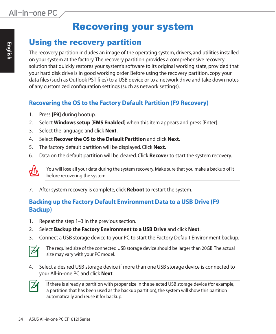 Recovering your system, Using the recovery partition | Asus ET1612IUTS User Manual | Page 34 / 36