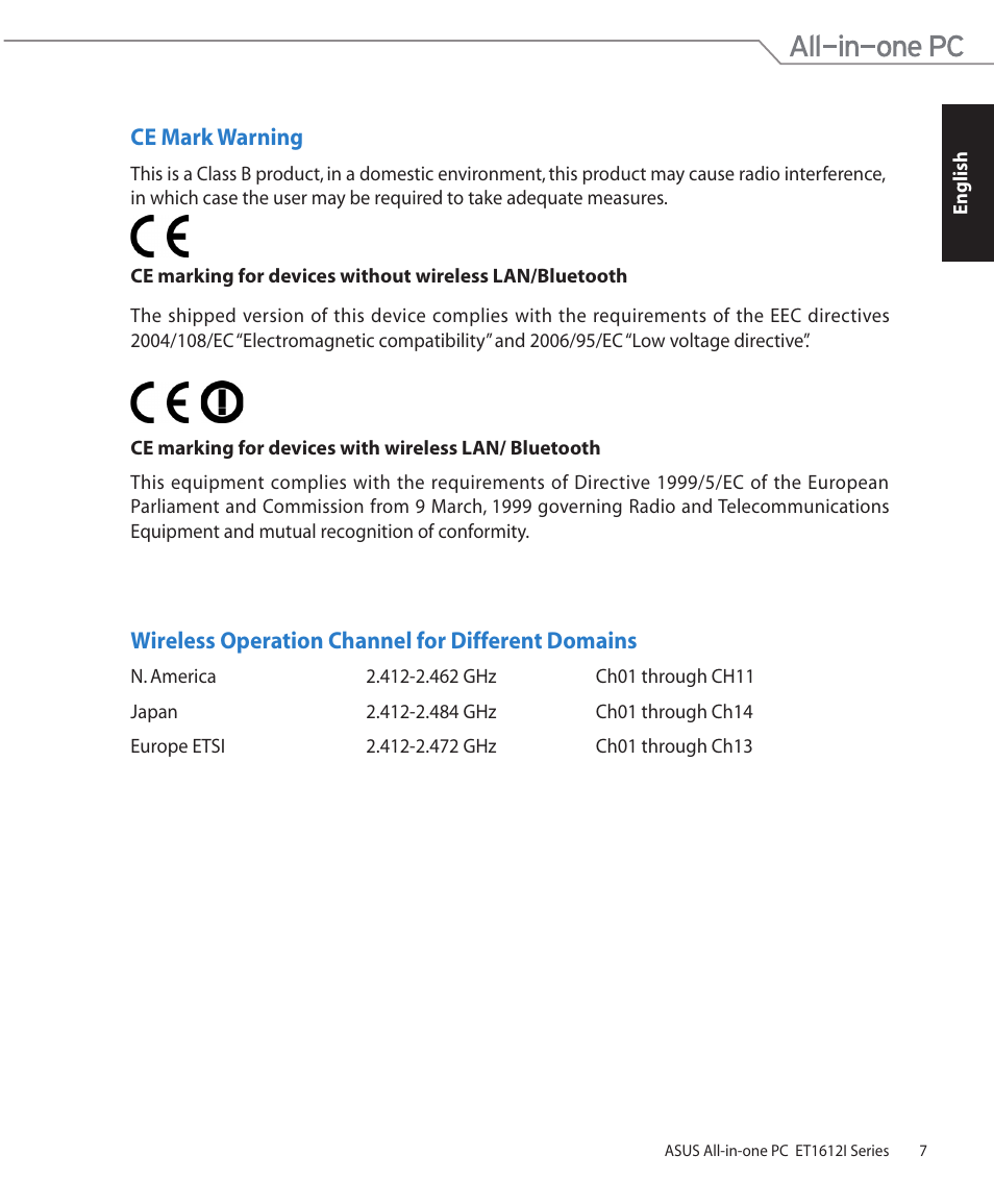 Wireless operation channel for different domains, Ce mark warning | Asus ET1612IUTS User Manual | Page 7 / 36