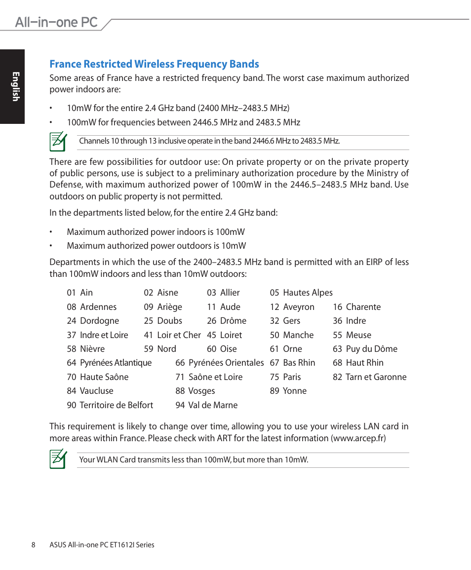 France restricted wireless frequency bands | Asus ET1612IUTS User Manual | Page 8 / 36