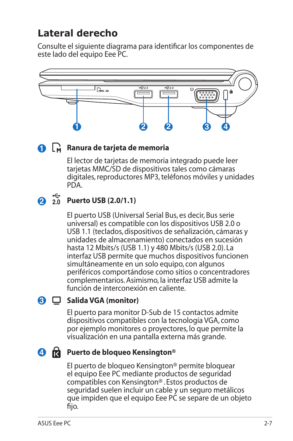 Lateral derecho | Asus Eee PC 701SD/Linux User Manual | Page 19 / 62