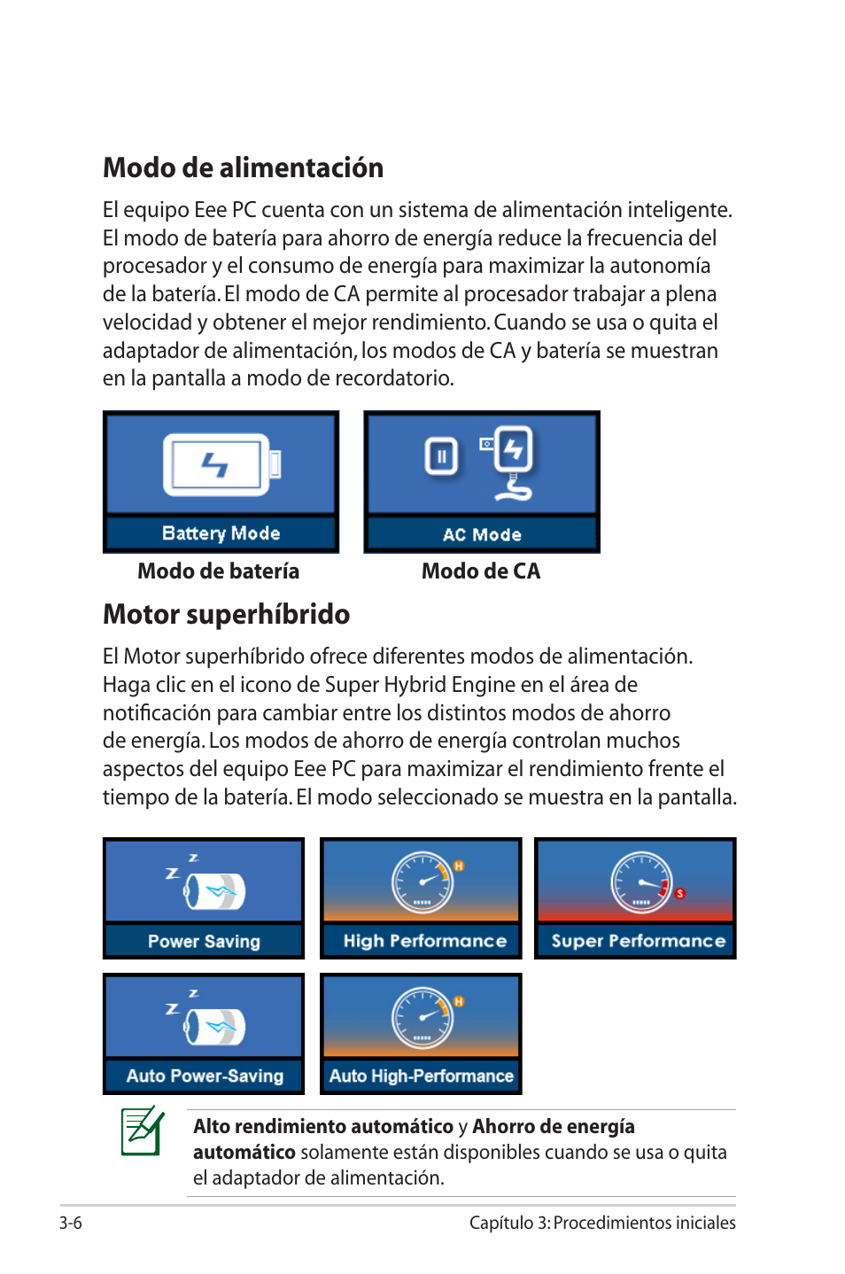 Modo de alimentación, Motor superhíbrido | Asus Eee PC 701SD/Linux User Manual | Page 28 / 62