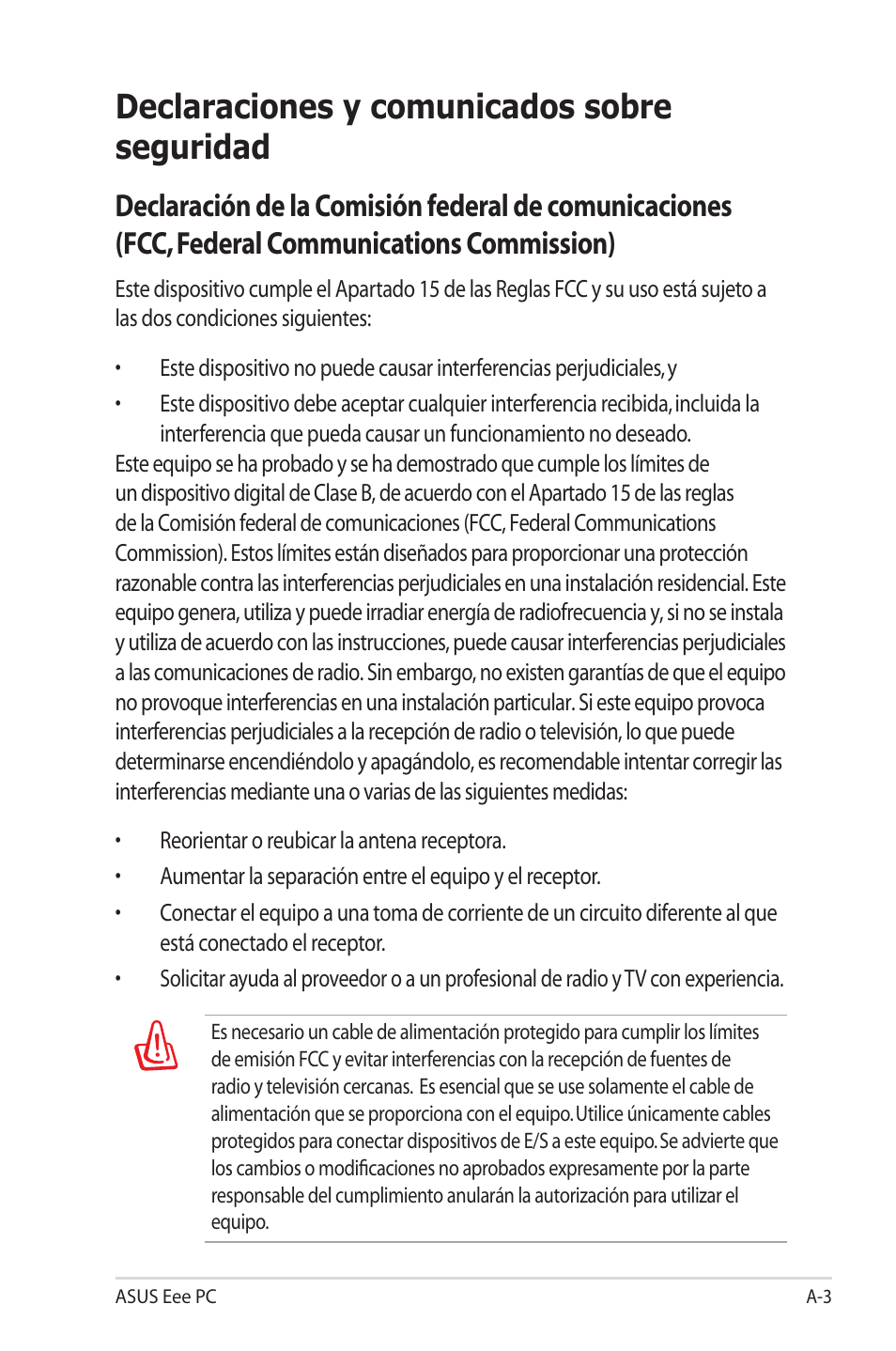 Declaraciones y comunicados sobre seguridad | Asus Eee PC 701SD/Linux User Manual | Page 39 / 62