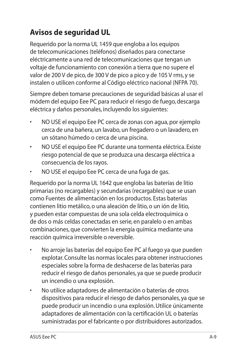 Avisos de seguridad ul | Asus Eee PC 701SD/Linux User Manual | Page 45 / 62
