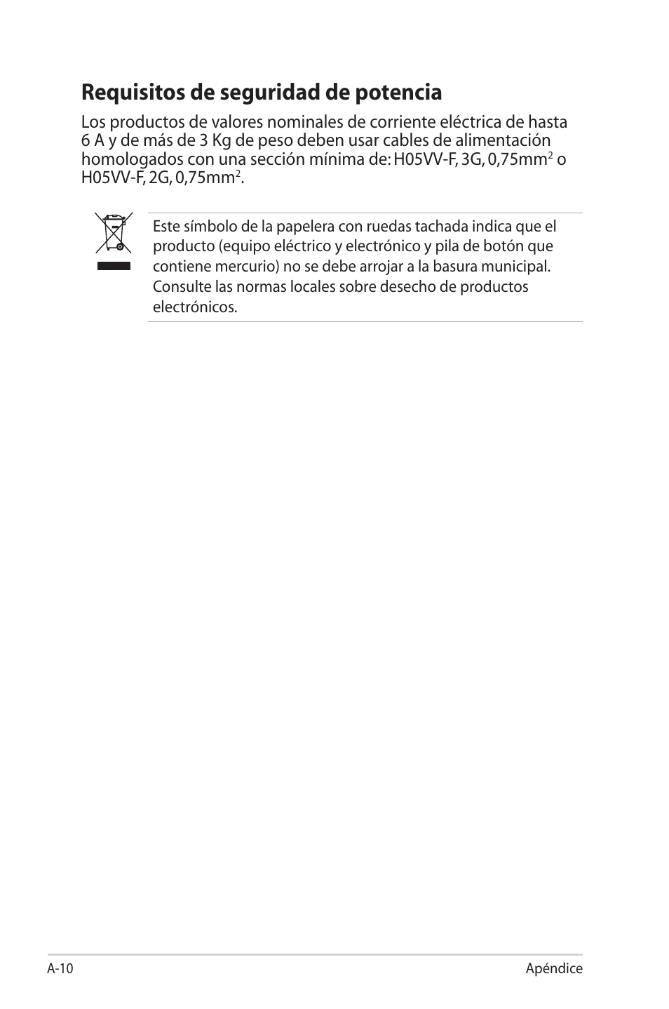 Requisitos de seguridad de potencia | Asus Eee PC 701SD/Linux User Manual | Page 46 / 62