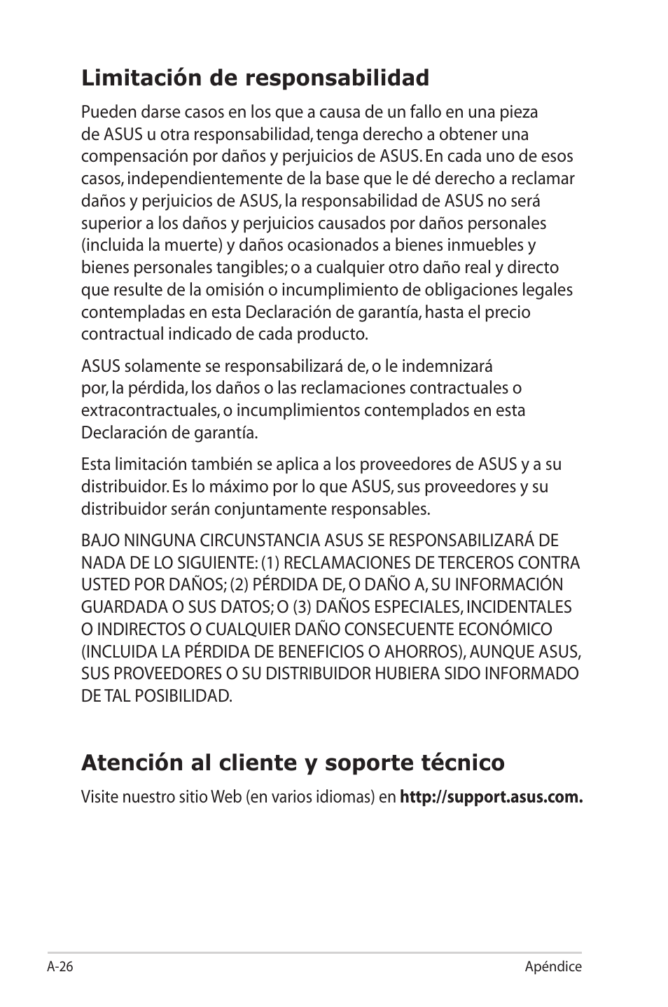 Limitación de responsabilidad, Atención al cliente y soporte técnico | Asus Eee PC 701SD/Linux User Manual | Page 62 / 62