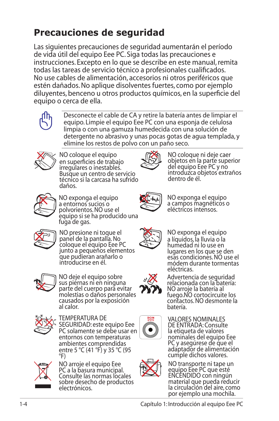 Precauciones de seguridad | Asus Eee PC 701SD/Linux User Manual | Page 8 / 62
