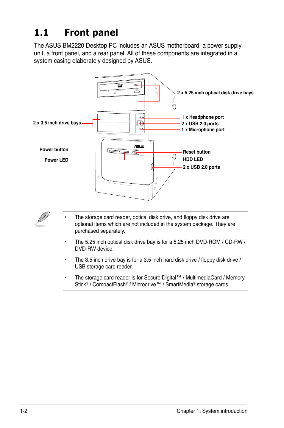 1 front panel | Asus BM2220 User Manual | Page 12 / 26