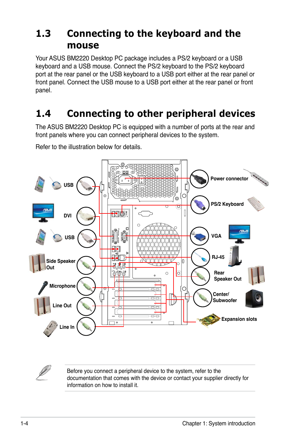 3 connecting to the keyboard and the mouse, 4 connecting to other peripheral devices | Asus BM2220 User Manual | Page 14 / 26