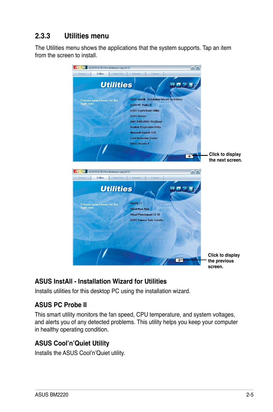 3 utilities menu, Asus install - installation wizard for utilities, Asus pc probe ii | Asus cool’n’quiet utility | Asus BM2220 User Manual | Page 19 / 26