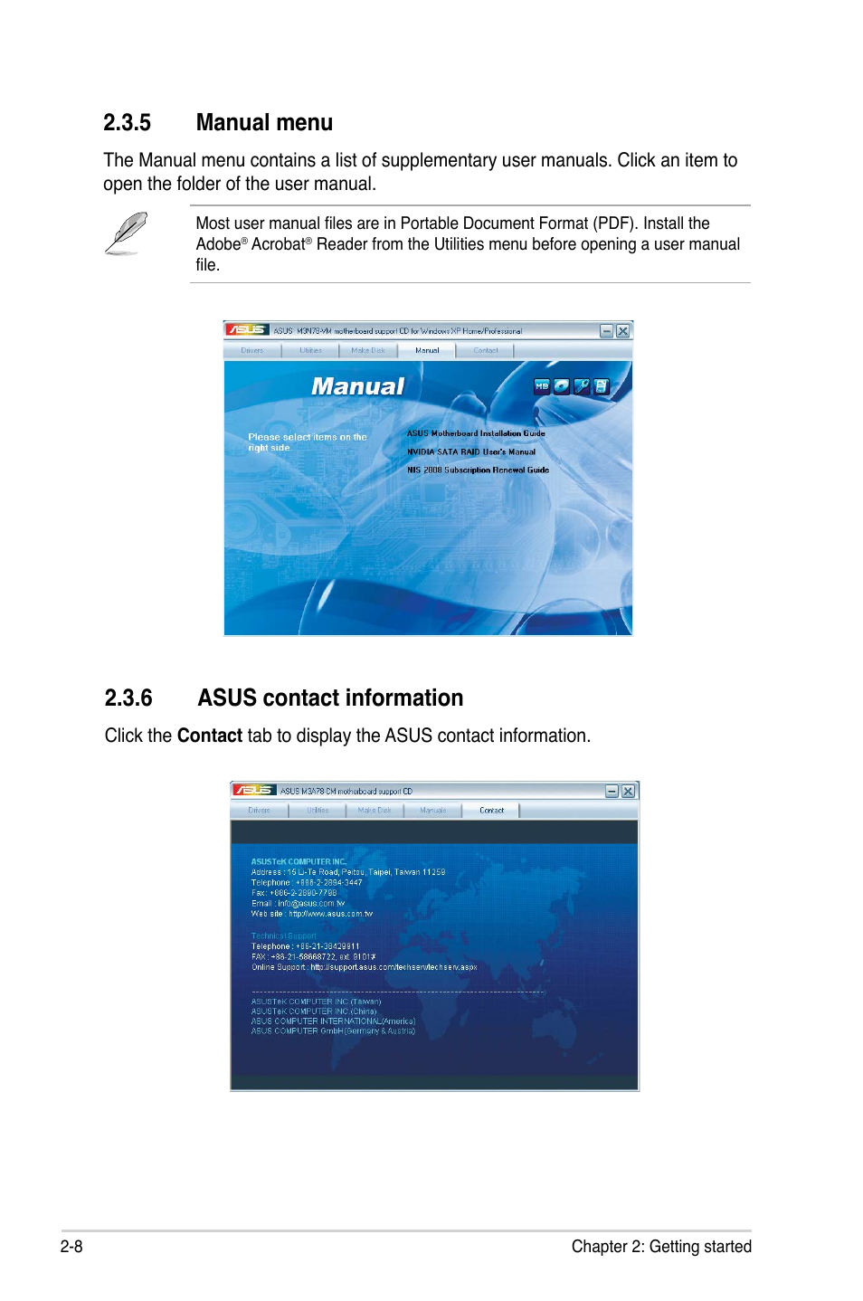 6 asus contact information, 5 manual menu | Asus BM2220 User Manual | Page 22 / 26