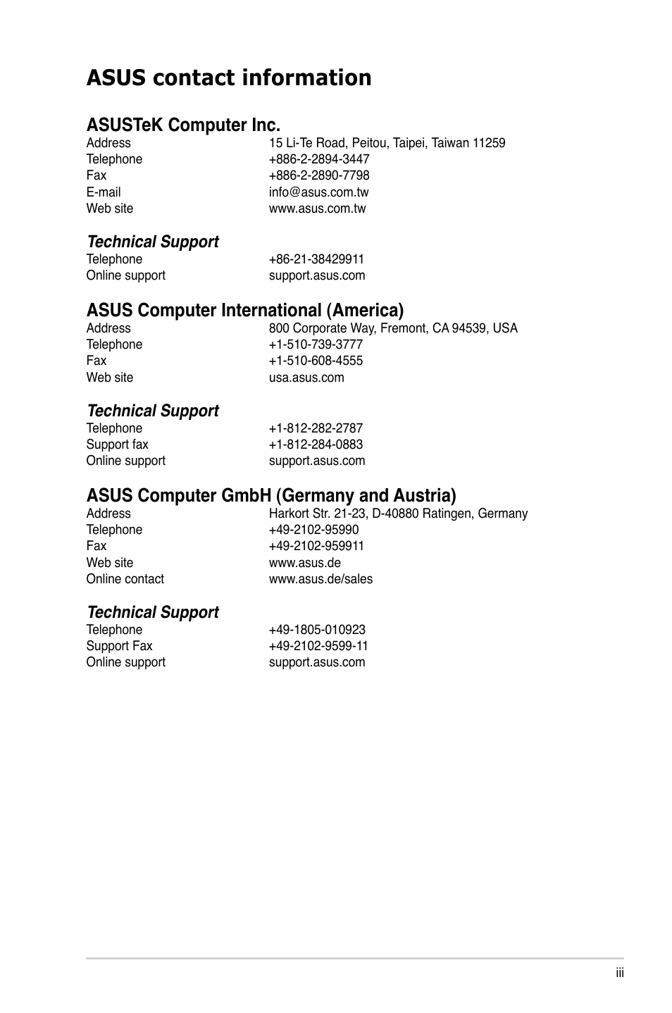 Asus contact information, Asustek computer inc, Asus computer international (america) | Asus computer gmbh (germany and austria), Technical support | Asus BM2220 User Manual | Page 3 / 26