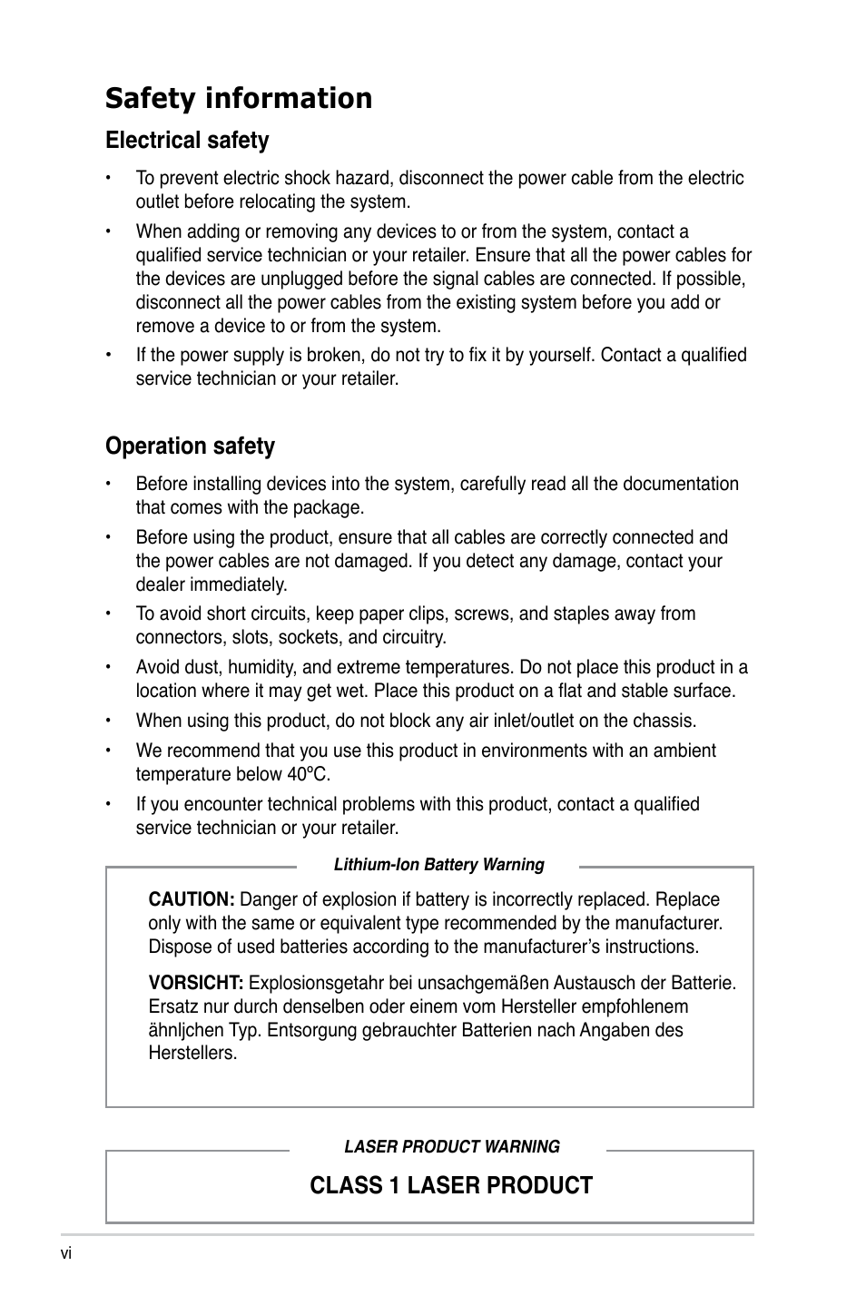 Safety information, Electrical safety, Class 1 laser product operation safety | Asus BM2220 User Manual | Page 6 / 26