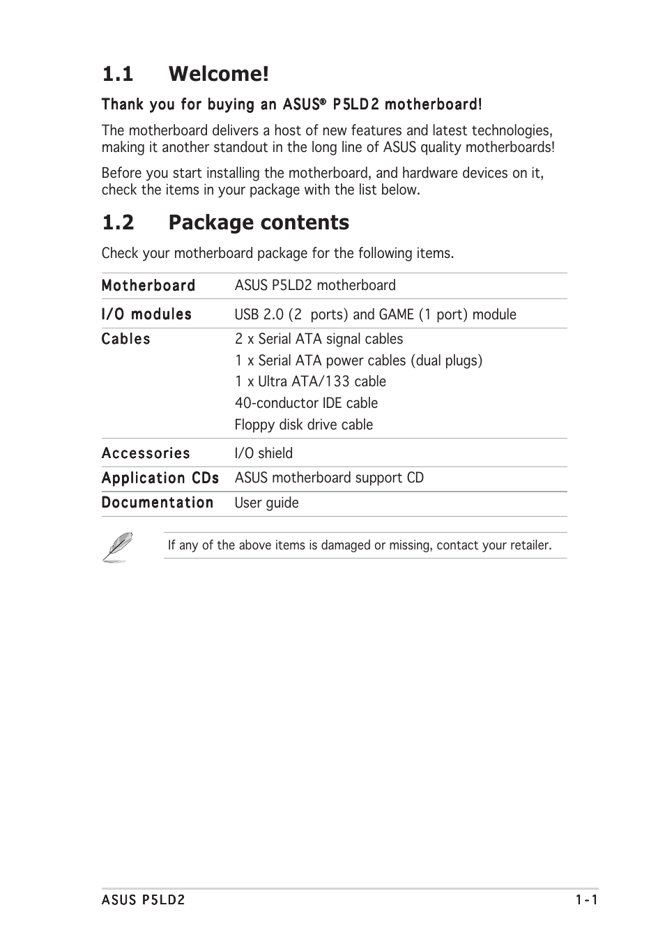 1 welcome, 2 package contents | Asus P5LD2 User Manual | Page 15 / 142