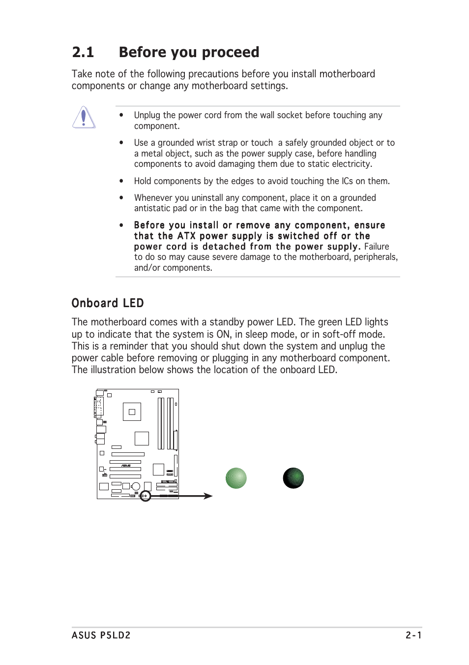 1 before you proceed, Onboard led | Asus P5LD2 User Manual | Page 23 / 142