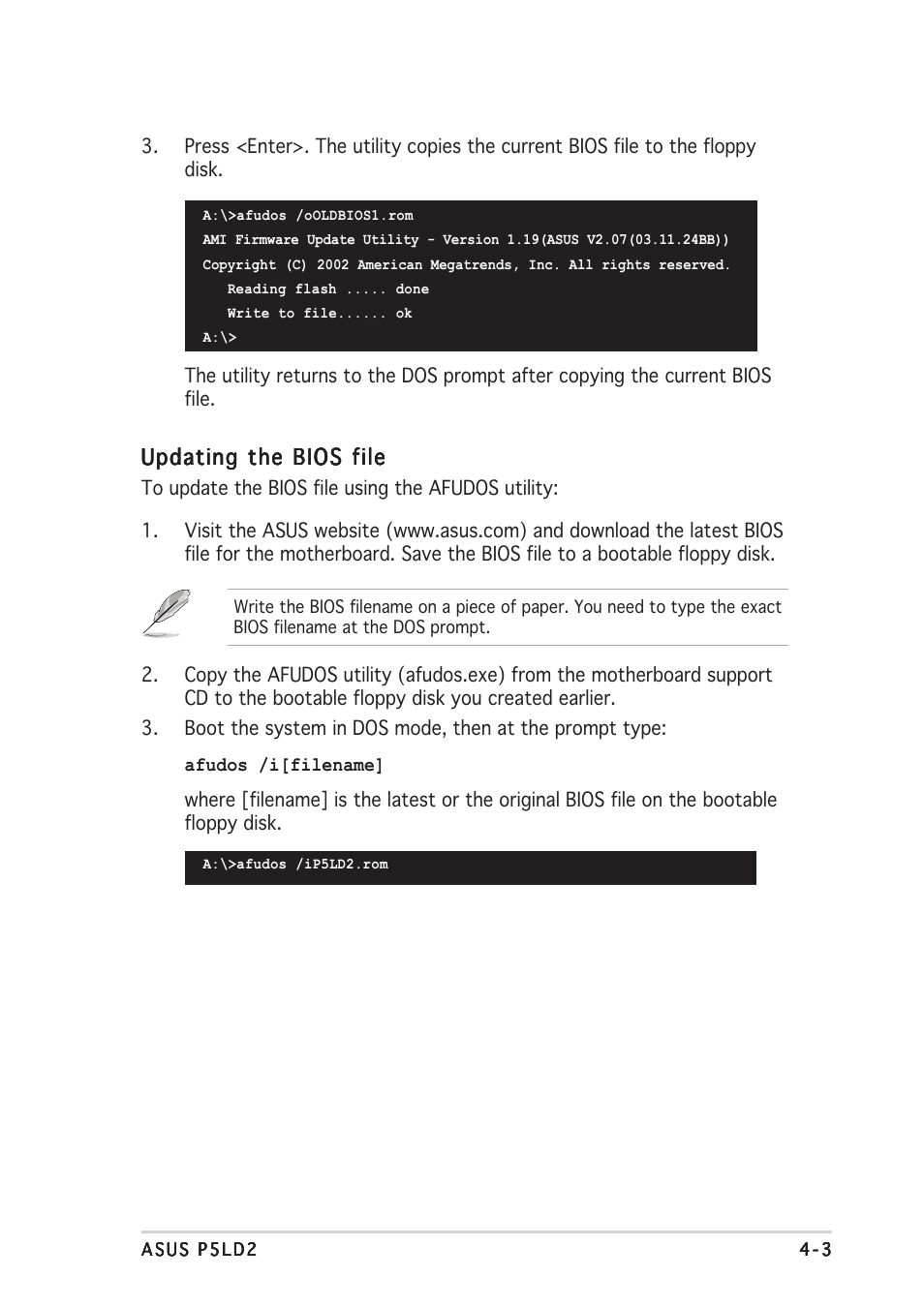 Updating the bios file | Asus P5LD2 User Manual | Page 63 / 142