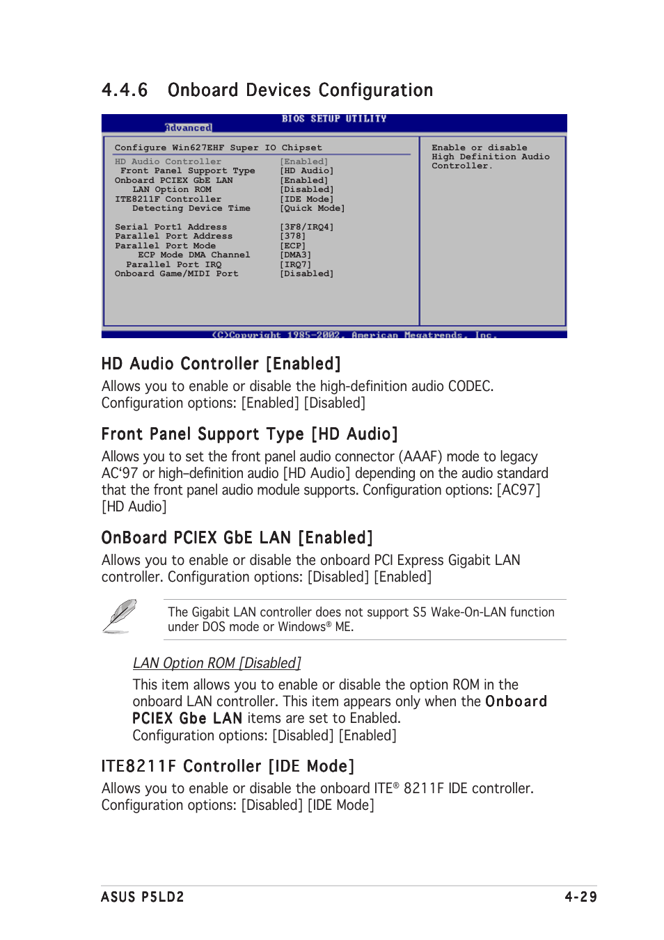 Hd audio controller [enabled, Front panel support type [hd audio, Onboard pciex gbe lan [enabled | Ite8211f controller [ide mode | Asus P5LD2 User Manual | Page 89 / 142