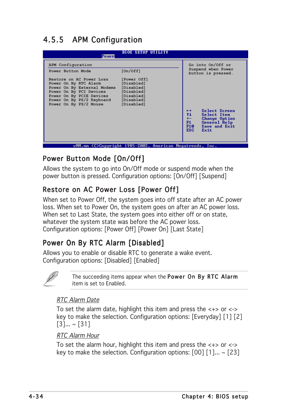 Power button mode [on/off, Restore on ac power loss [power off, Power on by rtc alarm [disabled | Asus P5LD2 User Manual | Page 94 / 142