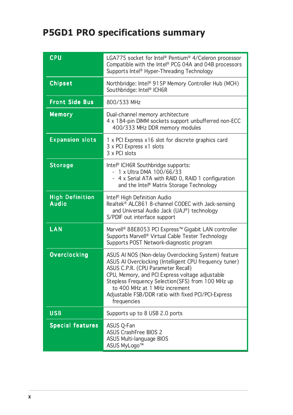 P5gd1 pro specifications summary | Asus P5GD1 Pro User Manual | Page 10 / 96