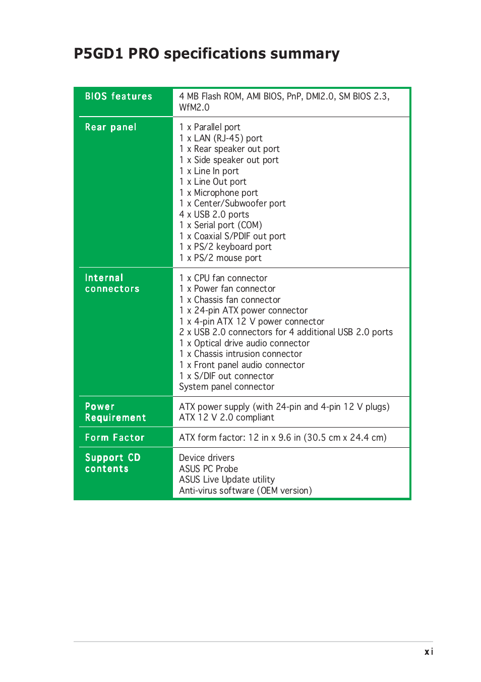 P5gd1 pro specifications summary | Asus P5GD1 Pro User Manual | Page 11 / 96