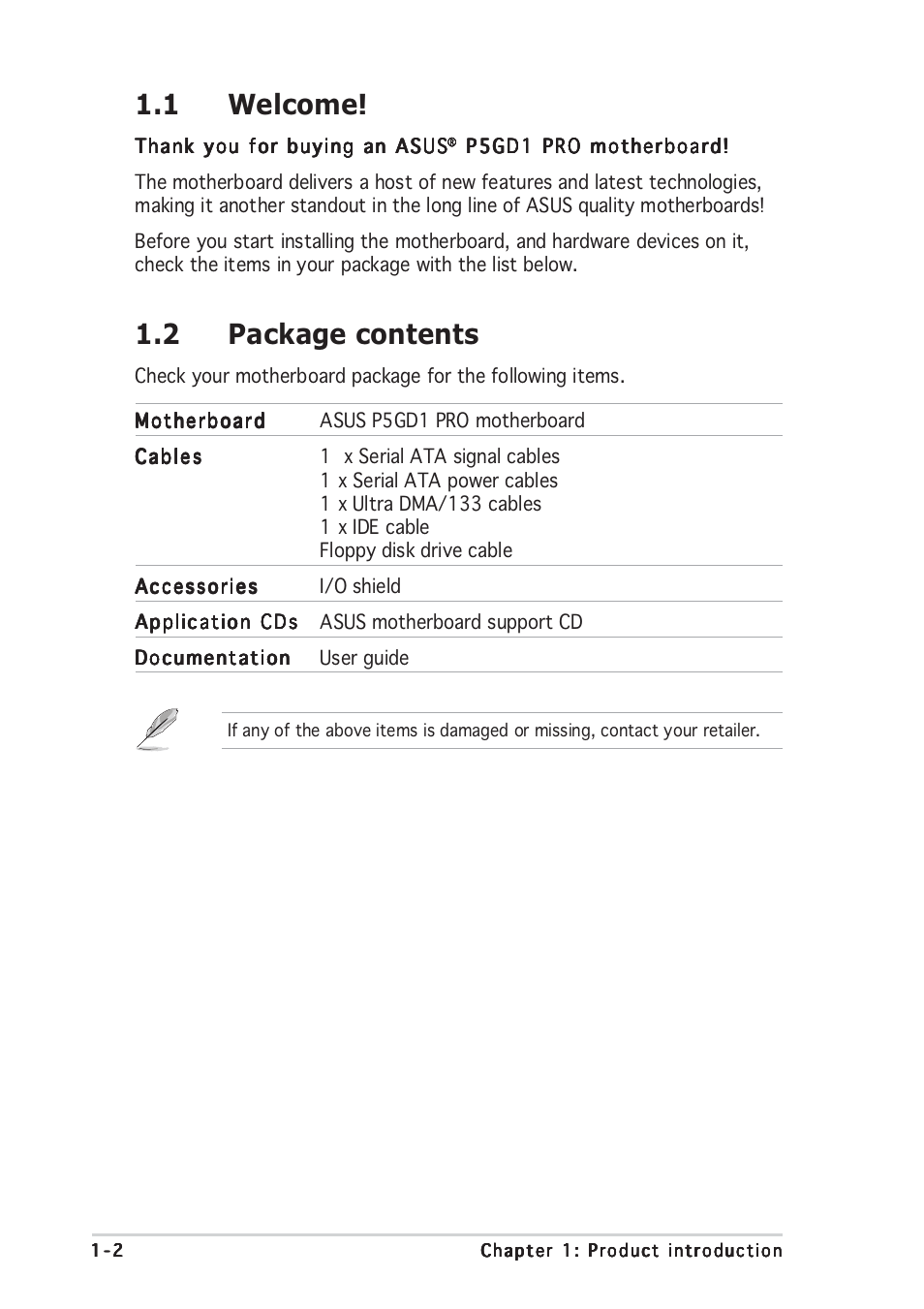 1 welcome, 2 package contents | Asus P5GD1 Pro User Manual | Page 14 / 96