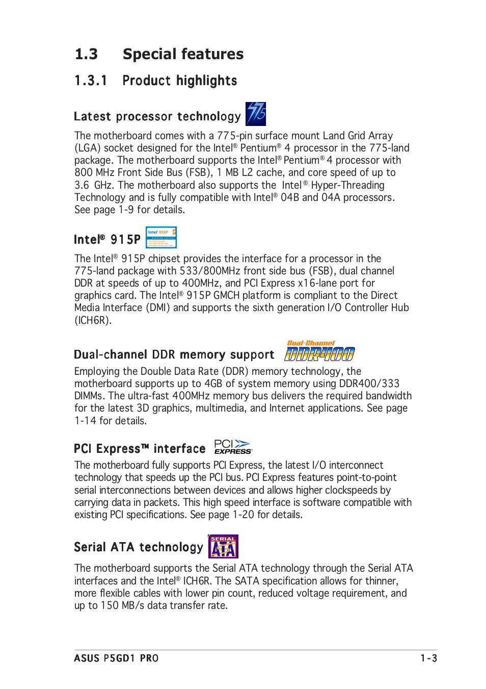 3 special features | Asus P5GD1 Pro User Manual | Page 15 / 96