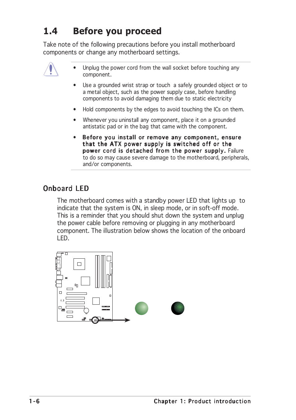 4 before you proceed, Onboard led | Asus P5GD1 Pro User Manual | Page 18 / 96