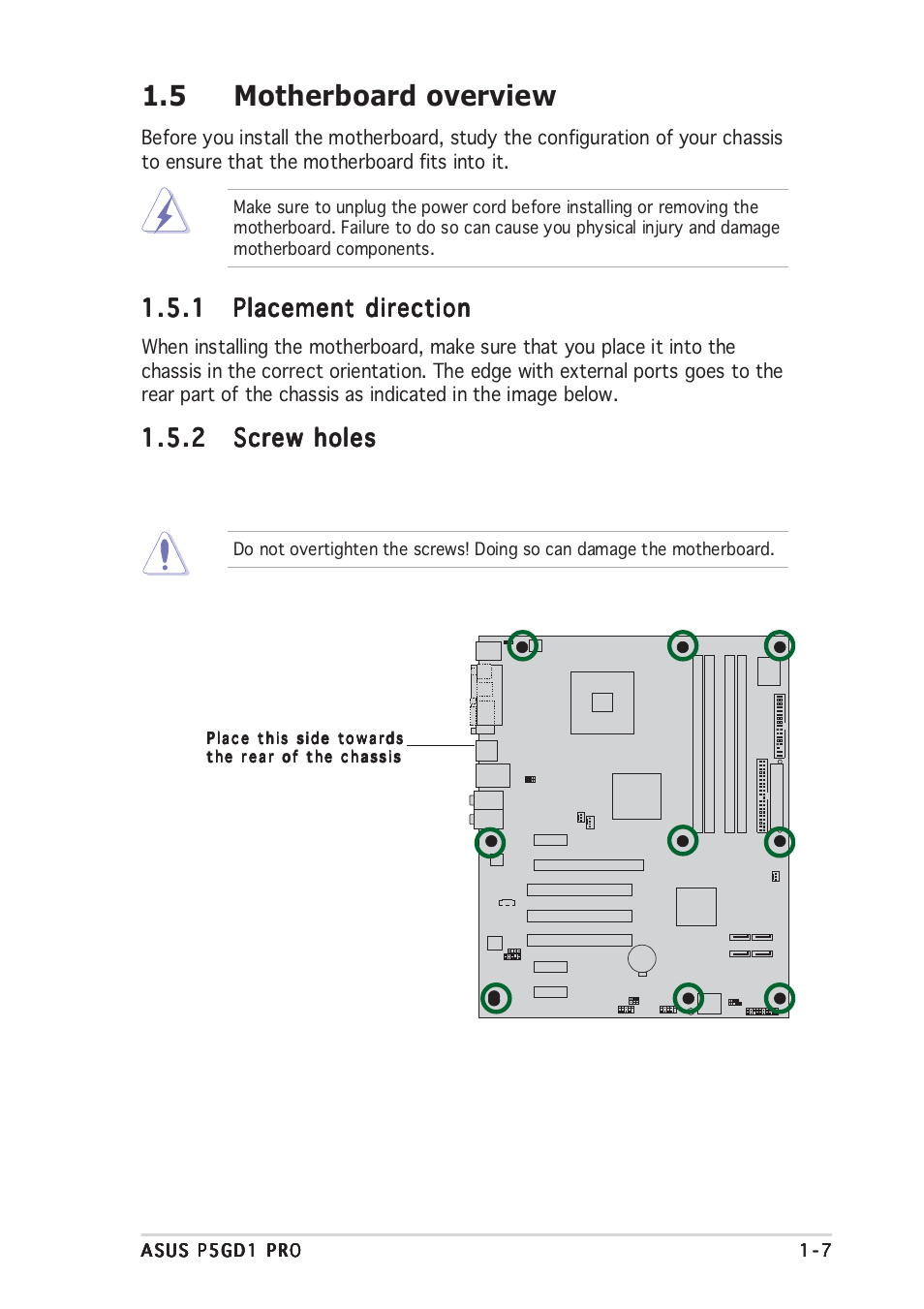 5 motherboard overview | Asus P5GD1 Pro User Manual | Page 19 / 96