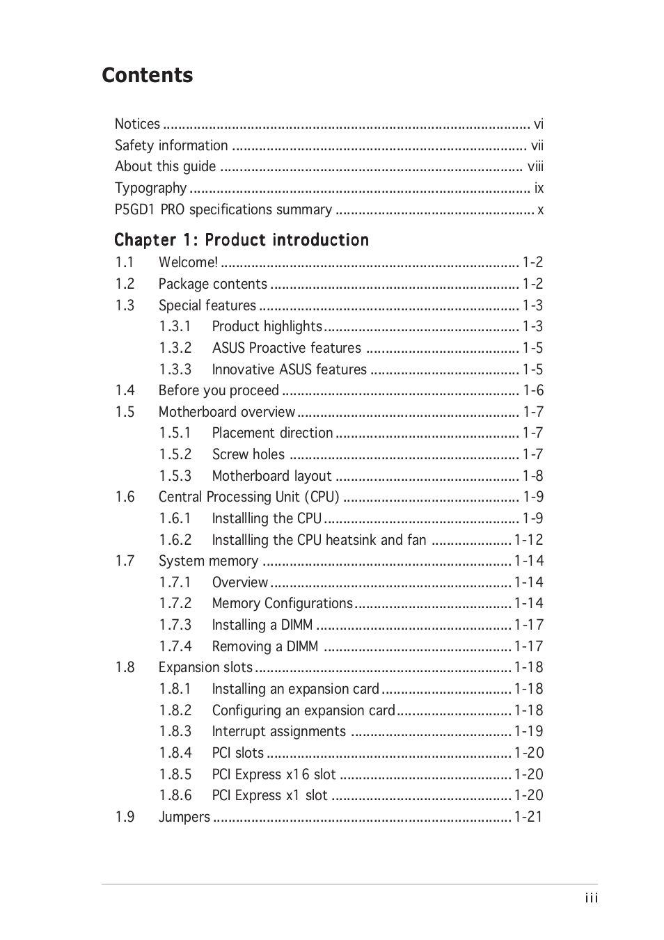 Asus P5GD1 Pro User Manual | Page 3 / 96