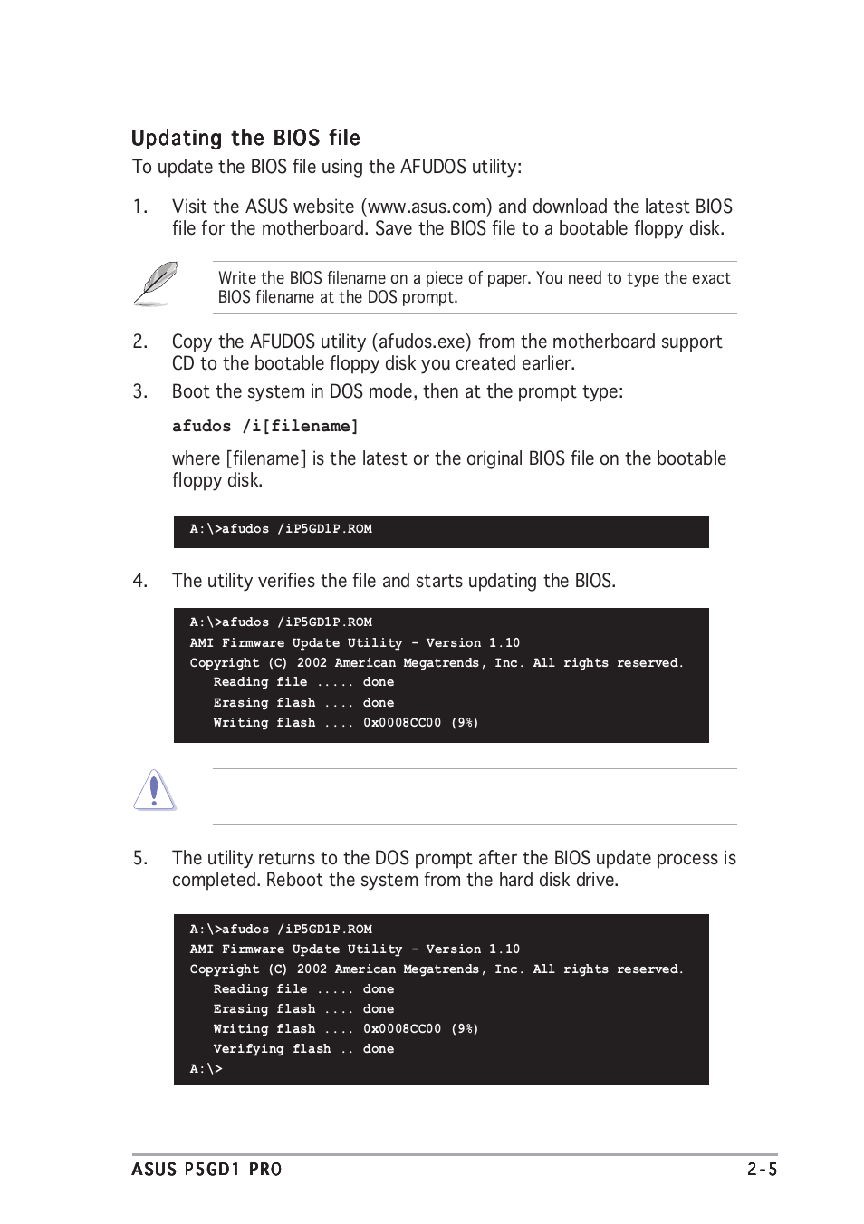 Updating the bios file | Asus P5GD1 Pro User Manual | Page 49 / 96