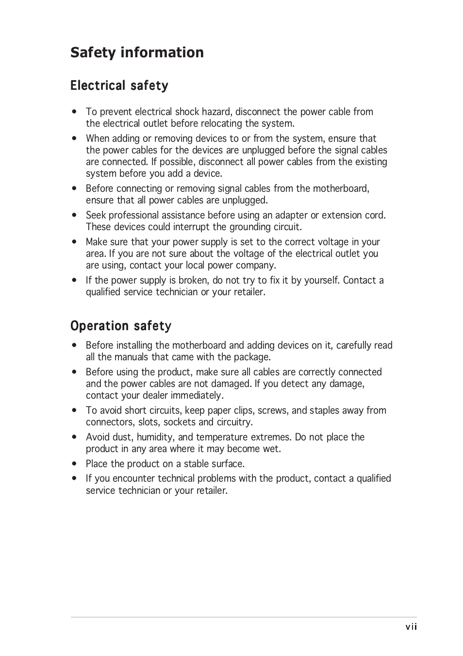 Safety information | Asus P5GD1 Pro User Manual | Page 7 / 96