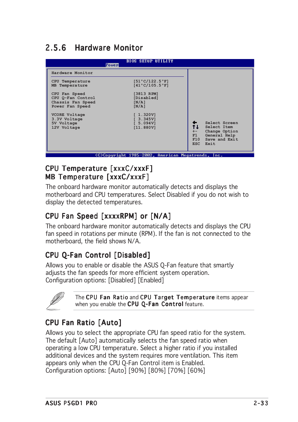 Cpu temperature [xxxc/xxxf, Cpu q-fan control [disabled, Cpu fan ratio [auto | Asus P5GD1 Pro User Manual | Page 77 / 96