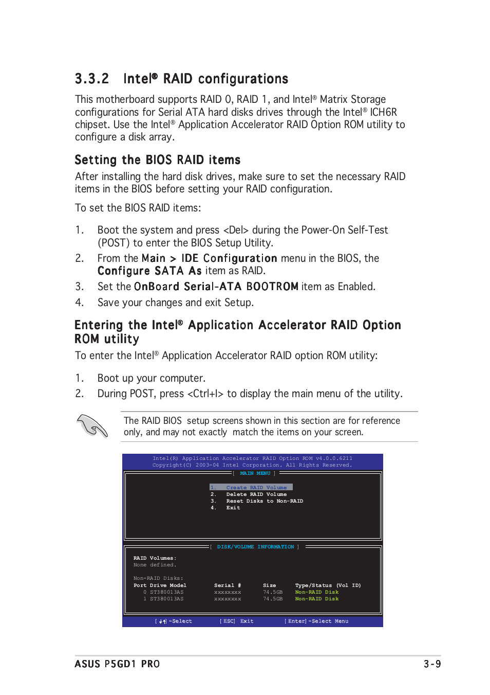 2 intel intel intel intel intel, Raid configurations, Setting the bios raid items | Entering the intel, Application accelerator raid option | Asus P5GD1 Pro User Manual | Page 93 / 96