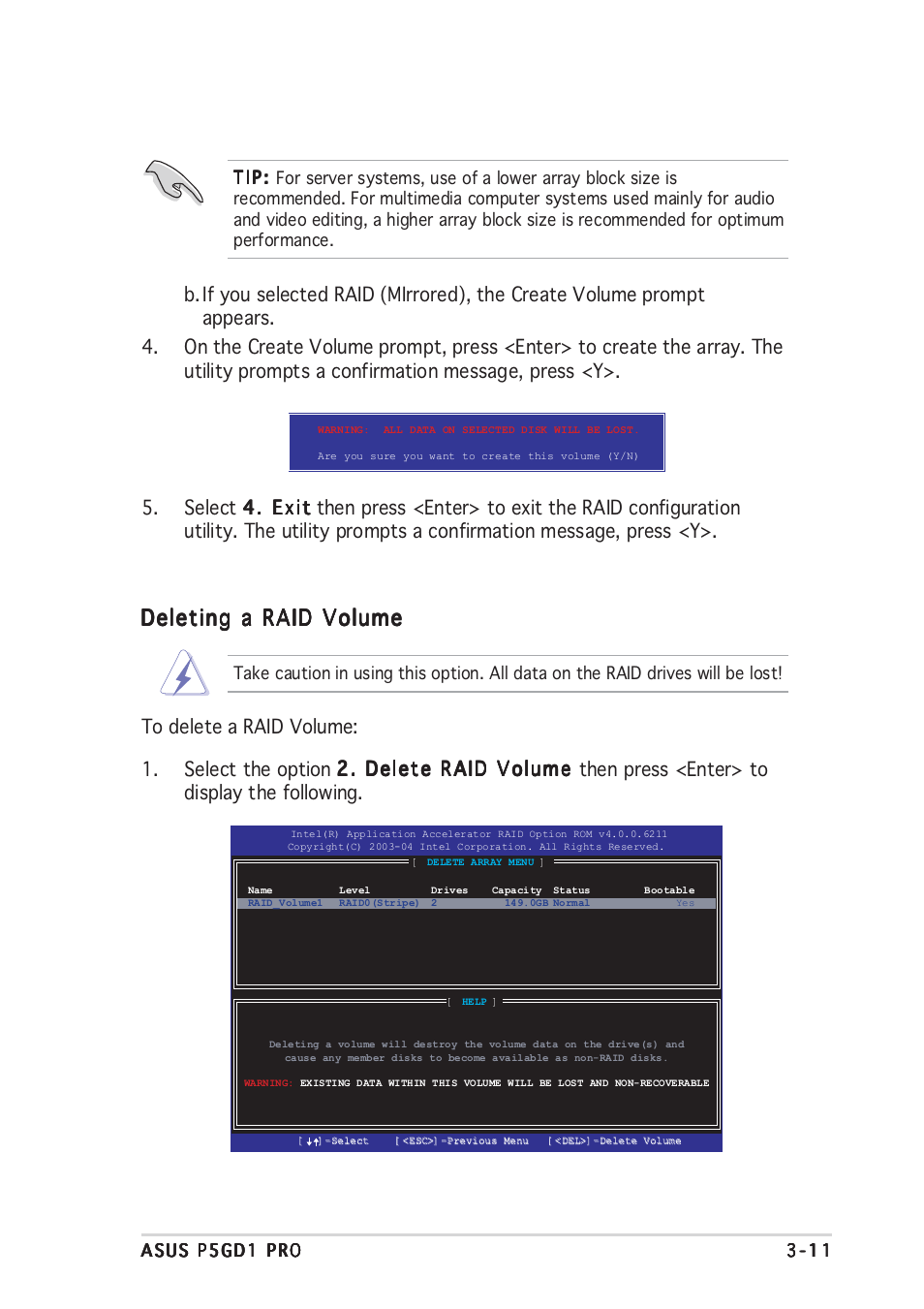 Deleting a raid volume | Asus P5GD1 Pro User Manual | Page 95 / 96