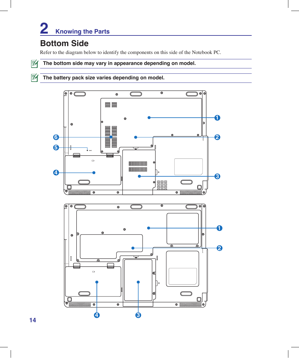 Bottom side | Asus X58LE User Manual | Page 14 / 83