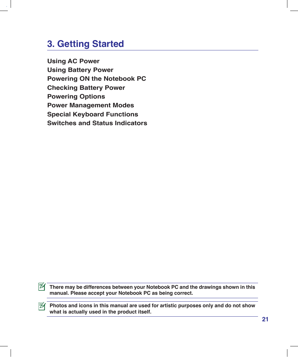 Getting started | Asus X58LE User Manual | Page 21 / 83