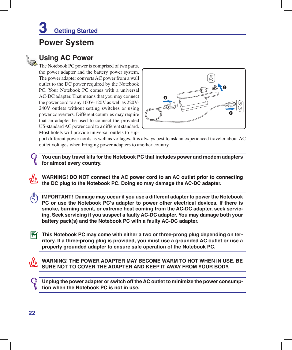 Power system, Using ac power | Asus X58LE User Manual | Page 22 / 83