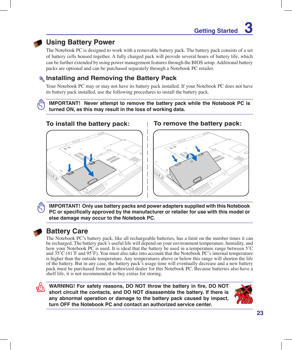 Using battery power, Battery care | Asus X58LE User Manual | Page 23 / 83