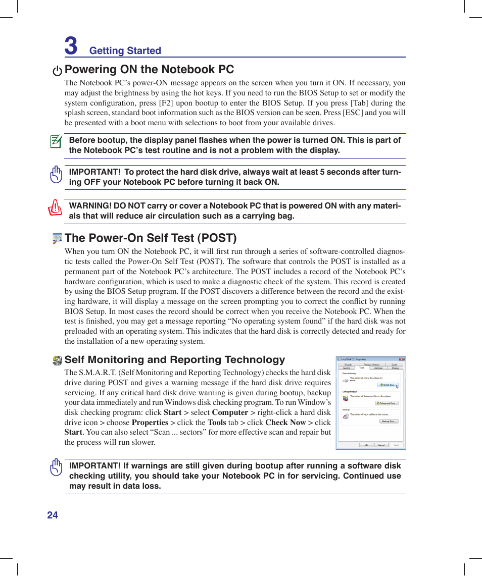 Powering on the notebook pc, The power-on self test (post) | Asus X58LE User Manual | Page 24 / 83