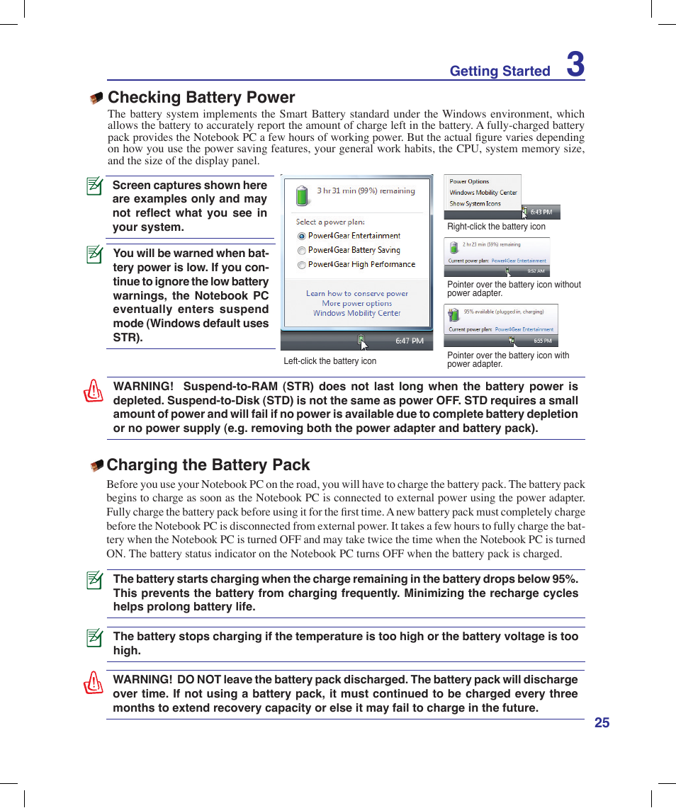 Checking battery power, Charging the battery pack | Asus X58LE User Manual | Page 25 / 83