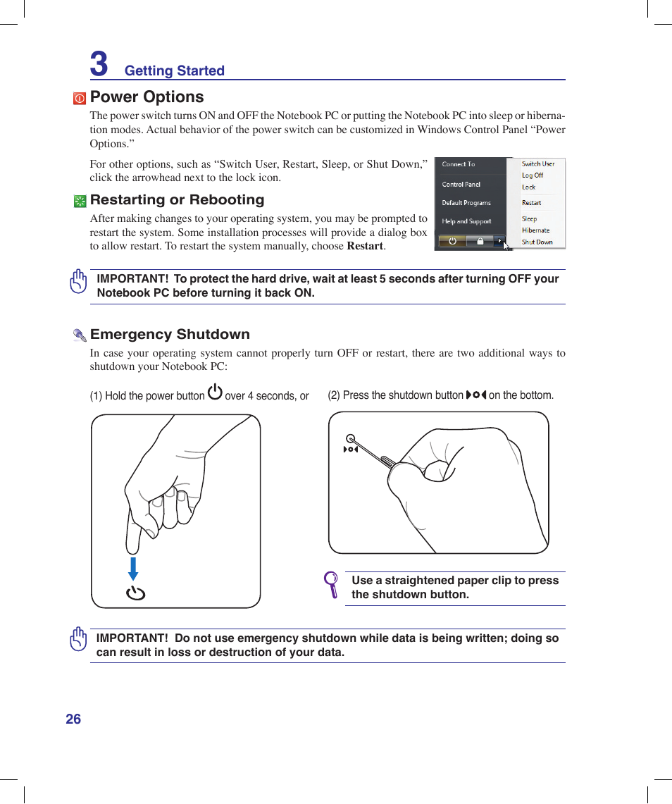 Power options | Asus X58LE User Manual | Page 26 / 83