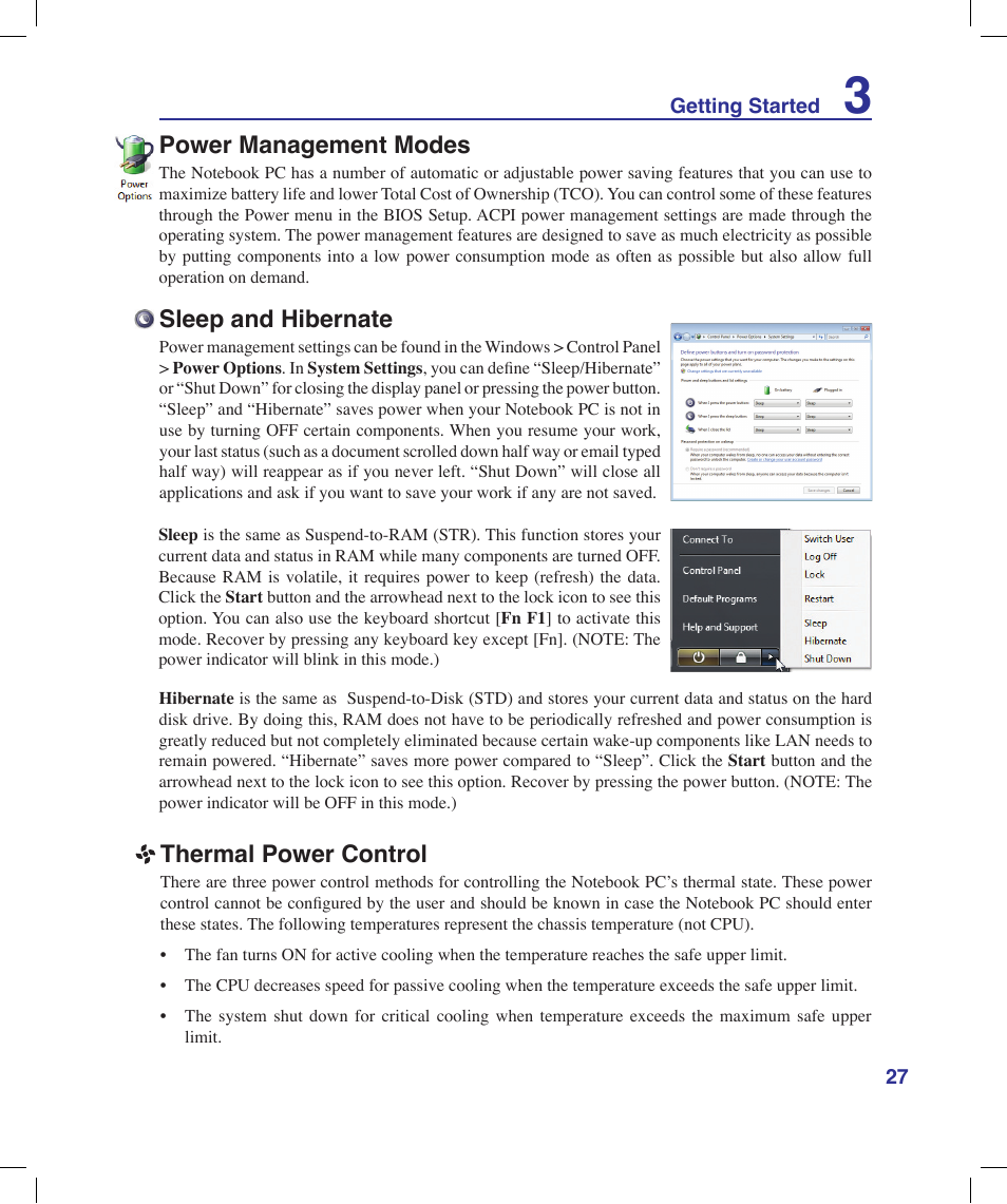 Power management modes, Sleep and hibernate, Thermal power control | Asus X58LE User Manual | Page 27 / 83