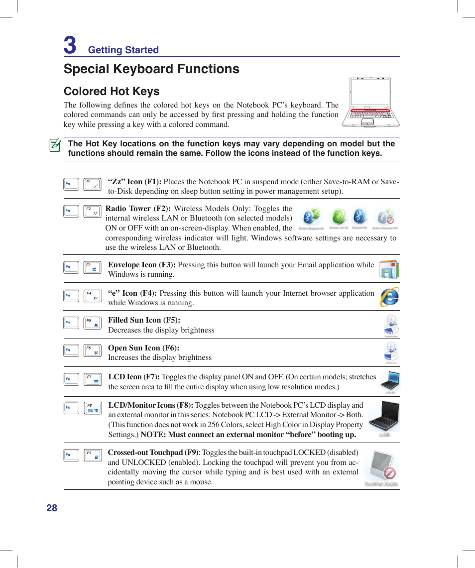 Special keyboard functions, Colored hot keys | Asus X58LE User Manual | Page 28 / 83