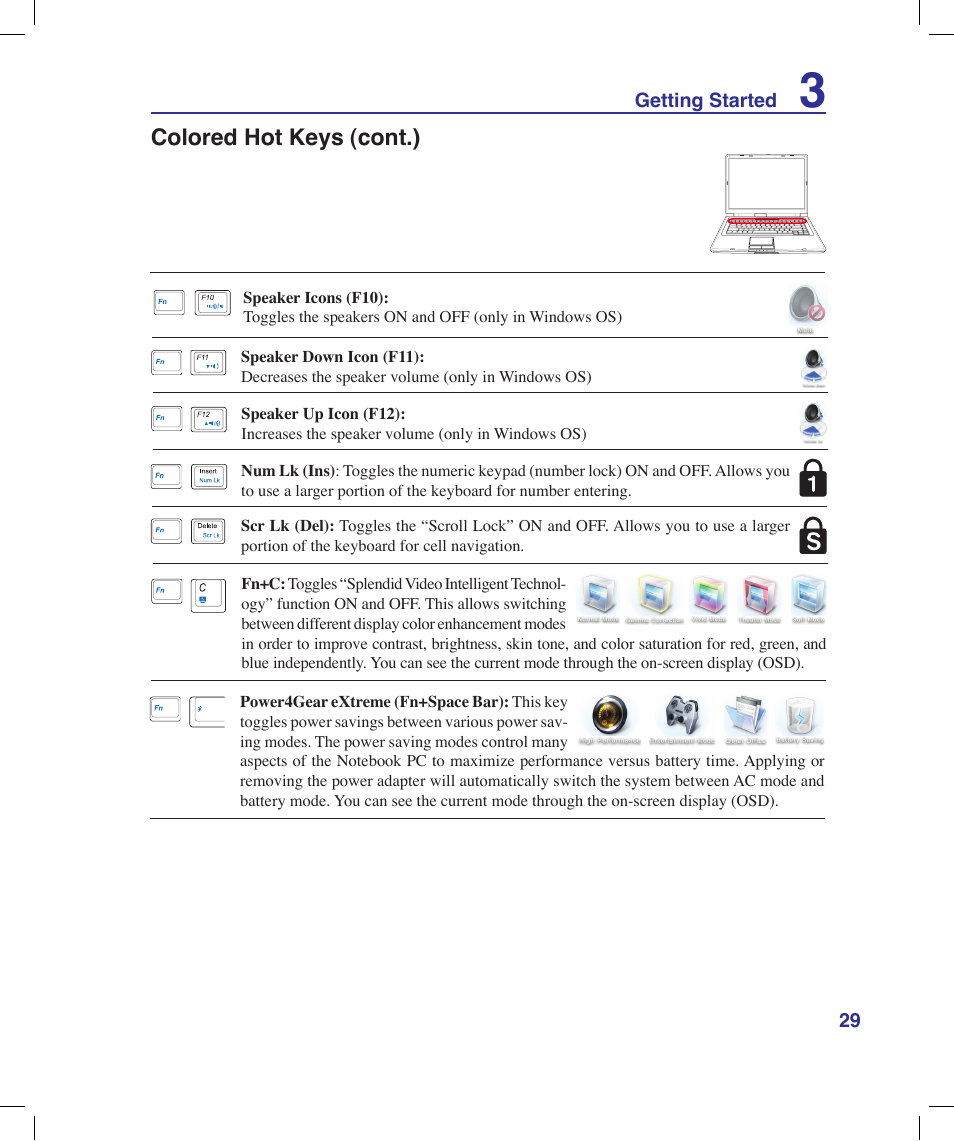 Colored hot keys (cont.) | Asus X58LE User Manual | Page 29 / 83
