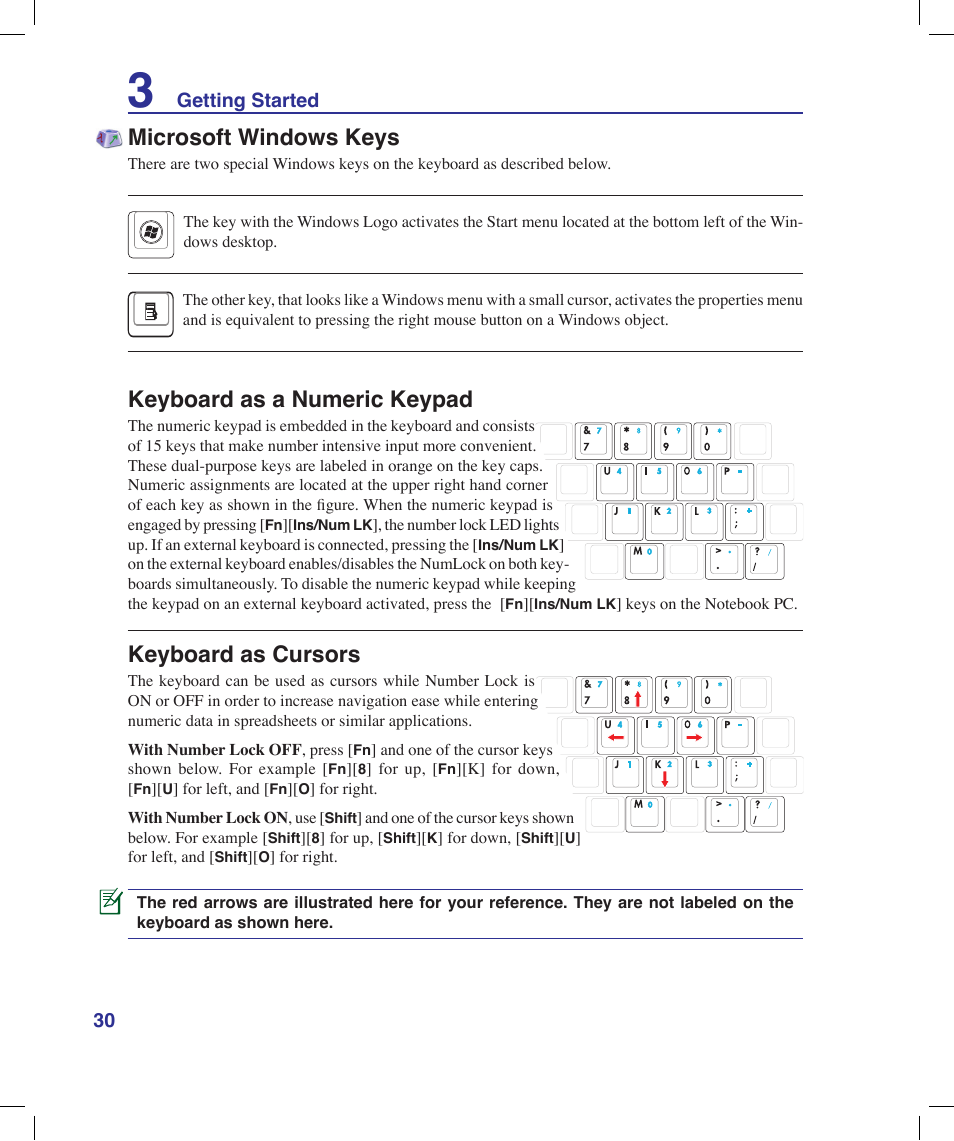 Microsoft windows keys, Keyboard as a numeric keypad, Keyboard as cursors | Asus X58LE User Manual | Page 30 / 83