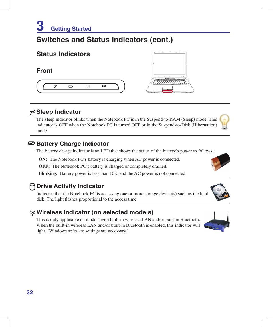Status indicators, Switches and status indicators (cont.) | Asus X58LE User Manual | Page 32 / 83