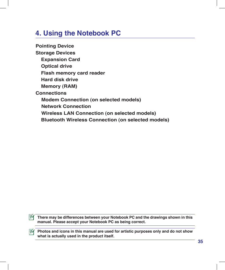 Using the notebook pc | Asus X58LE User Manual | Page 35 / 83