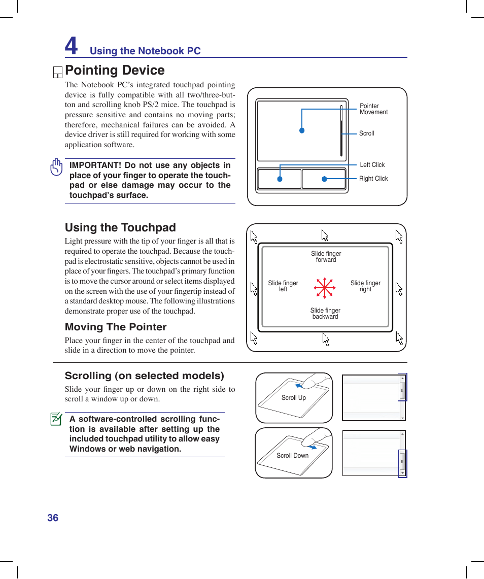 Pointing device, Using the touchpad | Asus X58LE User Manual | Page 36 / 83