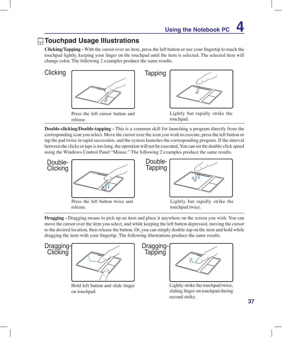 Touchpad usage illustrations | Asus X58LE User Manual | Page 37 / 83